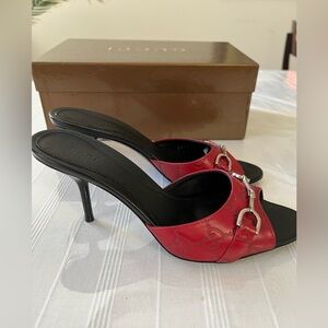 New Gucci Red and Black Heels with Silver Buckle, Size 6